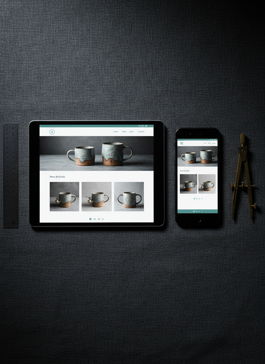 A side-by-side comparison of two responsive website mockups for a small artisan shop, displayed on a tablet and a smartphone lying on a charcoal fabric surface with a fine, luxurious weave. Both screens show the same elegant WordPress layout adapting gracefully to different sizes, with large product imagery, clear navigation, and tasteful accent colors. A metal ruler and a pair of vintage-style brass compasses rest nearby, hinting at precise design craftsmanship. Cool, directional studio lighting from the top left creates crisp highlights on the device edges and soft shadows in the fabric folds. Shot from directly above with a balanced composition and sharp focus throughout, the photographic scene feels meticulously considered, conveying reliability, modernity, and the sophistication of custom responsive webdesign for small businesses.