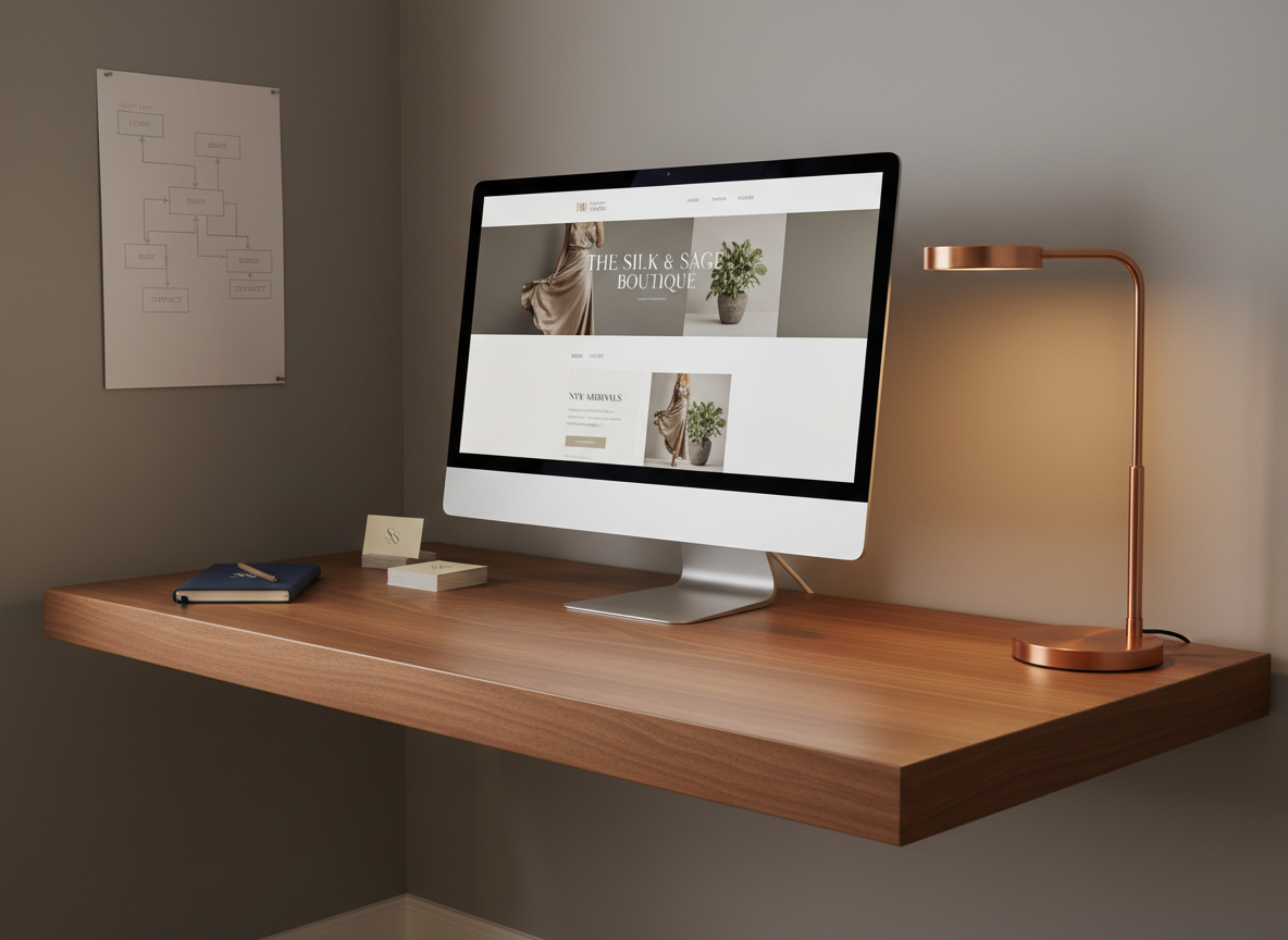 A refined home-office corner dedicated to webdesign, featuring a slim all-in-one computer on a floating walnut desk, its screen showcasing a beautifully designed single-page site for a local boutique. Beside the screen, a closed navy-blue sketchbook, a tidy stack of business cards, and a minimalist desk lamp with a brushed metal finish create a cohesive visual story. The wall behind is a smooth, warm gray with a pinned A4 sitemap diagram in faint pencil lines. Soft, warm indirect lighting from the lamp and a subtle glow from the monitor gently illuminate the scene, producing delicate highlights and calm shadows. Captured at a three-quarter angle in photographic realism, the mood is intimate, focused, and reassuring, ideal for a small entrepreneur seeking a tasteful web presence.