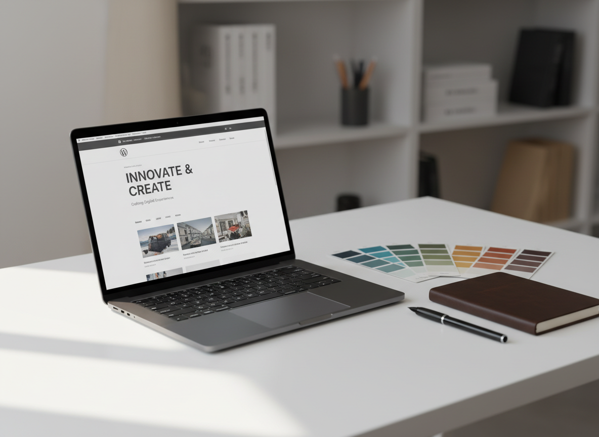 A sleek, ultra-thin laptop with a dark aluminium finish sits open on a clean white desk, its screen displaying a sophisticated WordPress homepage mockup with elegant typography and a minimalist layout. Around it, neatly arranged color swatches, a closed leather-bound notebook, and a fine-tip pen suggest careful design planning. Soft daylight from an unseen window to the left creates a gentle gradient across the desk surface and subtle reflections on the laptop’s metallic edges. The background fades into a softly blurred studio environment with hints of neutral shelves, emphasizing clarity and focus. Photographic realism, eye-level composition, and a shallow depth of field create a modern, professional, and refined atmosphere, perfect for a premium webdesign brand.
