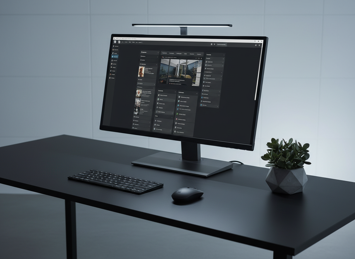 A large, frameless 4K monitor displays a detailed WordPress dashboard with custom theme settings, positioned on a matte black desk with a refined, minimalist aesthetic. Beside the monitor, a slim wireless keyboard and mouse align perfectly, and a small geometric concrete planter with a dark green plant adds organic contrast. Cool, diffused studio lighting from above and behind the screen highlights the interface while casting subtle, elongated shadows on the desk. The background shows a softly blurred gray wall with a faint grid texture, suggesting structure and precision. Shot from a slightly elevated angle with balanced composition, the photographic image feels calm, orderly, and sophisticated, evoking confidence in professional site creation and technical mastery.