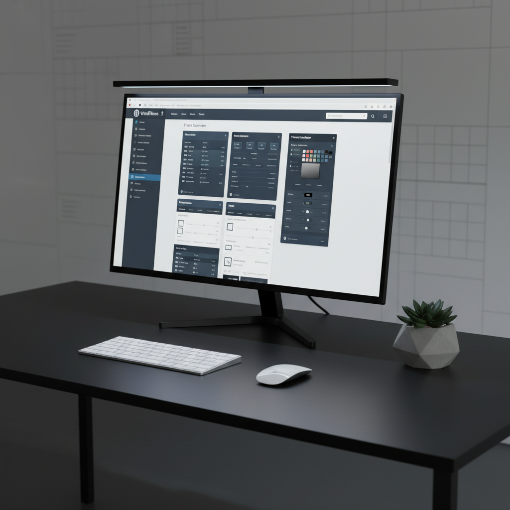 A large, frameless 4K monitor displays a detailed WordPress dashboard with custom theme settings, positioned on a matte black desk with a refined, minimalist aesthetic. Beside the monitor, a slim wireless keyboard and mouse align perfectly, and a small geometric concrete planter with a dark green plant adds organic contrast. Cool, diffused studio lighting from above and behind the screen highlights the interface while casting subtle, elongated shadows on the desk. The background shows a softly blurred gray wall with a faint grid texture, suggesting structure and precision. Shot from a slightly elevated angle with balanced composition, the photographic image feels calm, orderly, and sophisticated, evoking confidence in professional site creation and technical mastery.