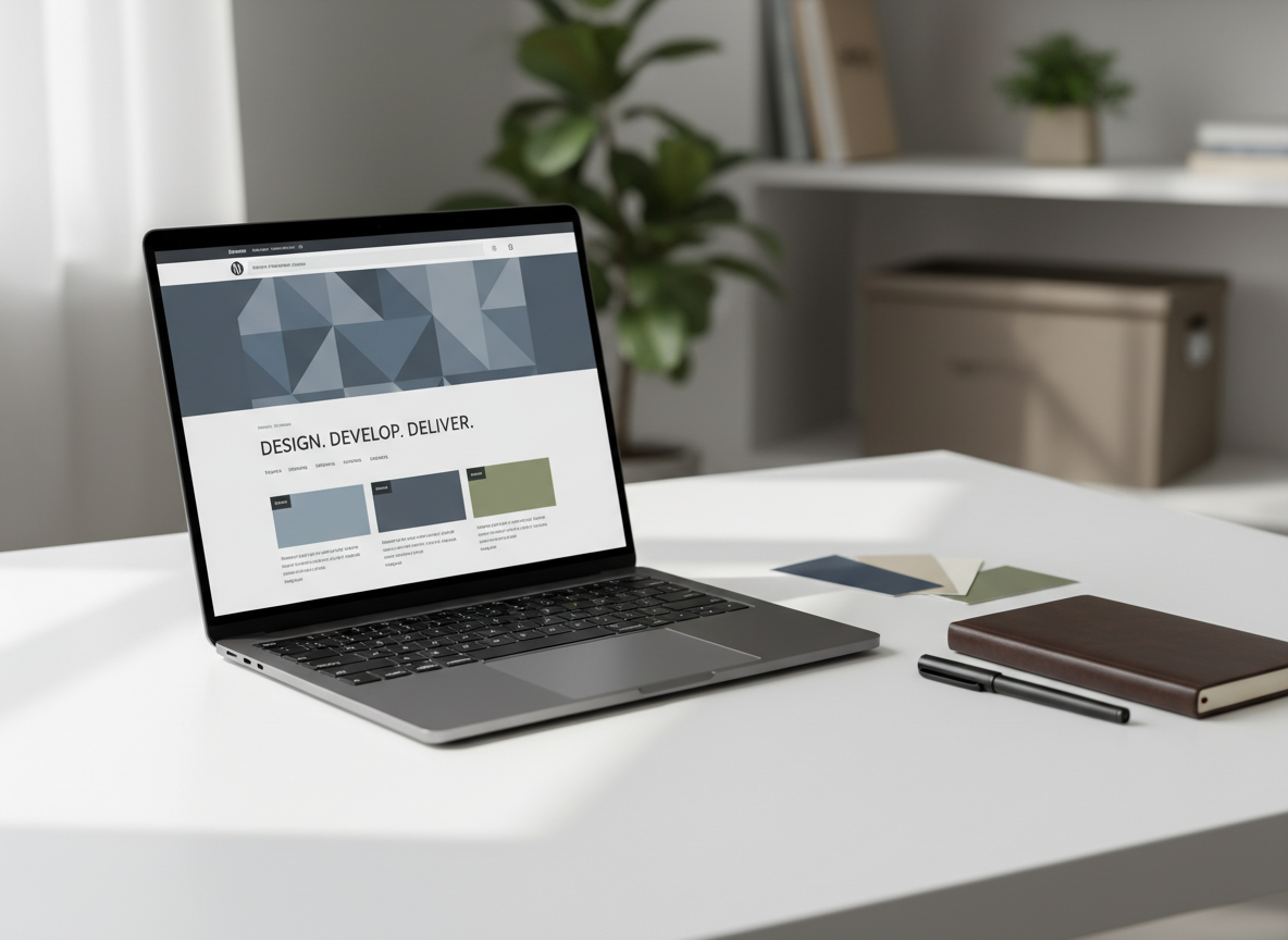 A sleek, ultra-thin laptop with a dark aluminium finish sits open on a clean white desk, its screen displaying a sophisticated WordPress homepage mockup with elegant typography and a minimalist layout. Around it, neatly arranged color swatches, a closed leather-bound notebook, and a fine-tip pen suggest careful design planning. Soft daylight from an unseen window to the left creates a gentle gradient across the desk surface and subtle reflections on the laptop’s metallic edges. The background fades into a softly blurred studio environment with hints of neutral shelves, emphasizing clarity and focus. Photographic realism, eye-level composition, and a shallow depth of field create a modern, professional, and refined atmosphere, perfect for a premium webdesign brand.