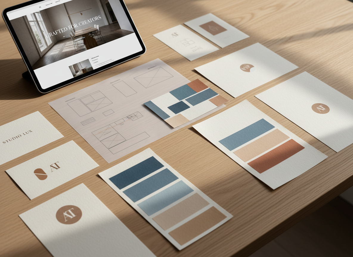 An elegant moodboard for a modern WordPress showcase site is spread across a light oak tabletop, featuring carefully placed printed wireframes, color palettes in muted blues and warm neutrals, and logo explorations on thick, textured paper. A tablet rests at one corner, displaying a polished homepage with large imagery and refined serif headlines. Soft afternoon light enters from the right, creating gentle shadows that accentuate the tactile quality of the papers and the wood grain. The composition is top-down, meticulously arranged yet natural, with selective focus on the central wireframe and palette. The photographic style is clean and contemporary, evoking a sense of thoughtful strategy, creative direction, and bespoke webdesign tailored to small businesses and independent professionals.